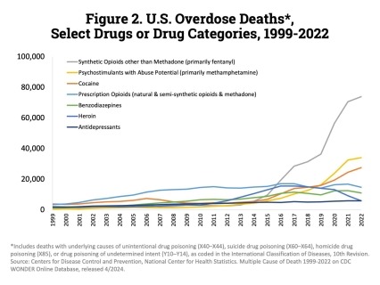 Synthetic opioids other than methadone (primarily fentanyl) were the main driver of drug overdose deaths with a over 7.5-fold increase from 2015 to 2022